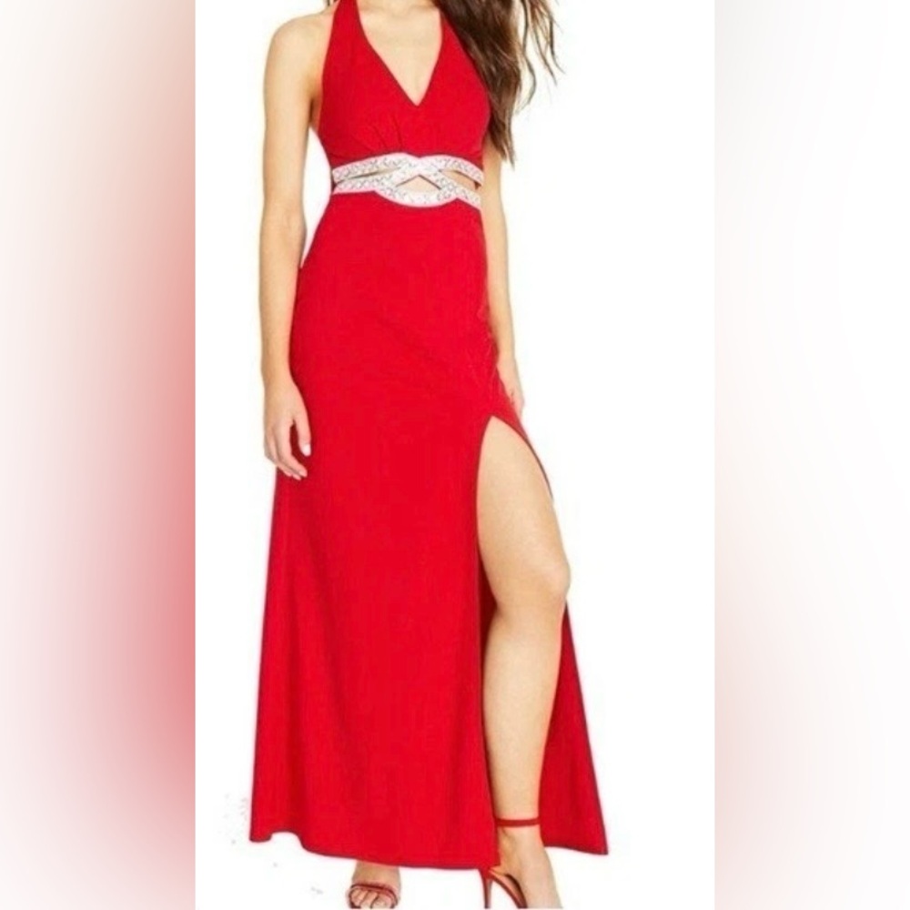 Speechless Embellished Cutout Halter Gown Red Maxi Dress with Slit